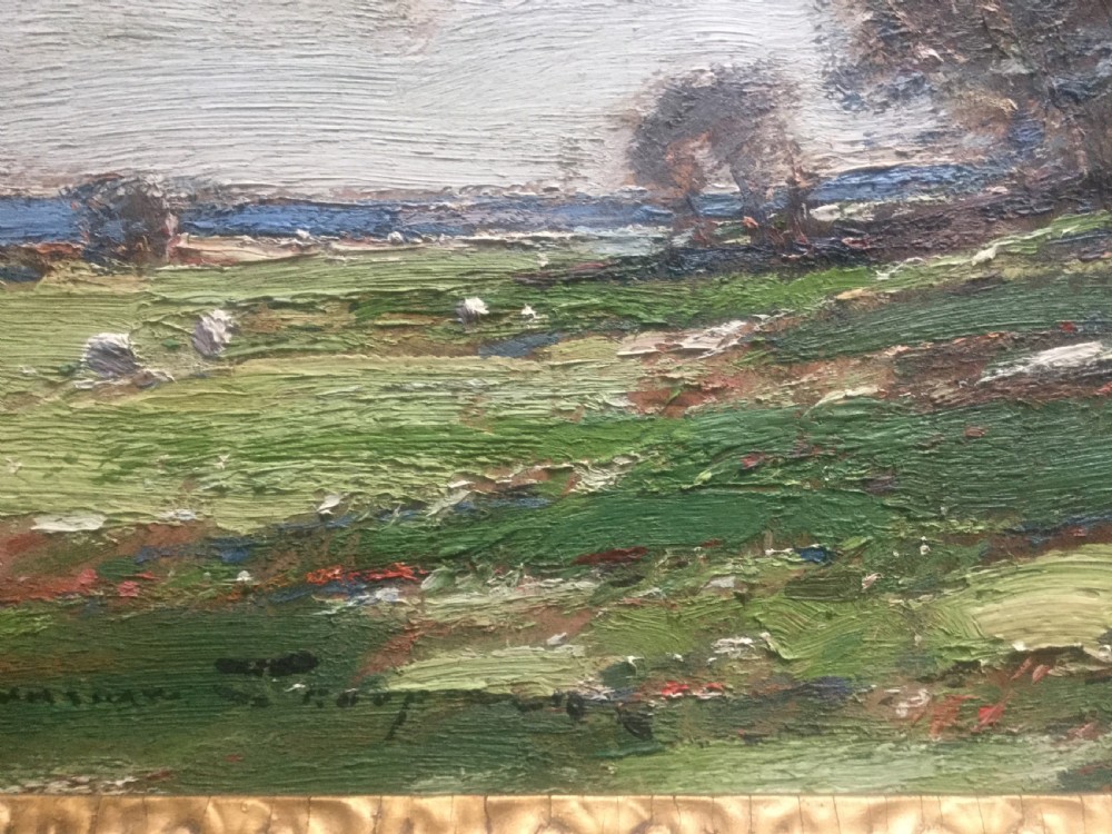 An impressionist oil painting depicting a seated figure on a grassy green hillside beneath trees and a cloudy sky. View III