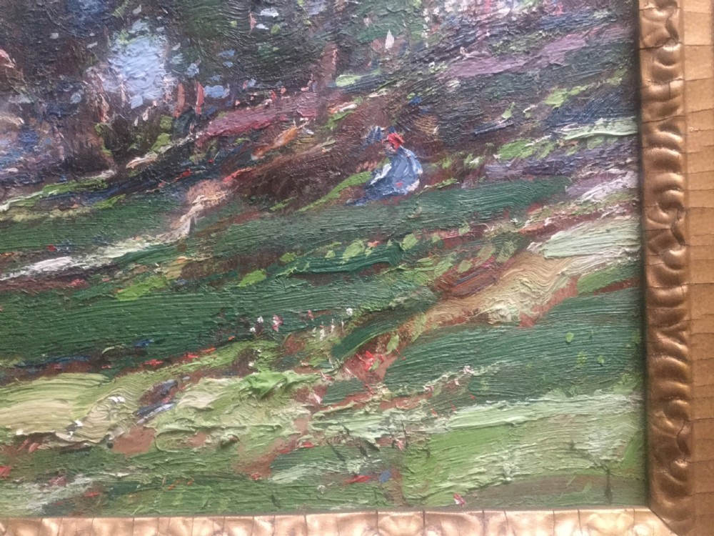 An impressionist oil painting depicting a seated figure on a grassy green hillside beneath trees and a cloudy sky. View IV