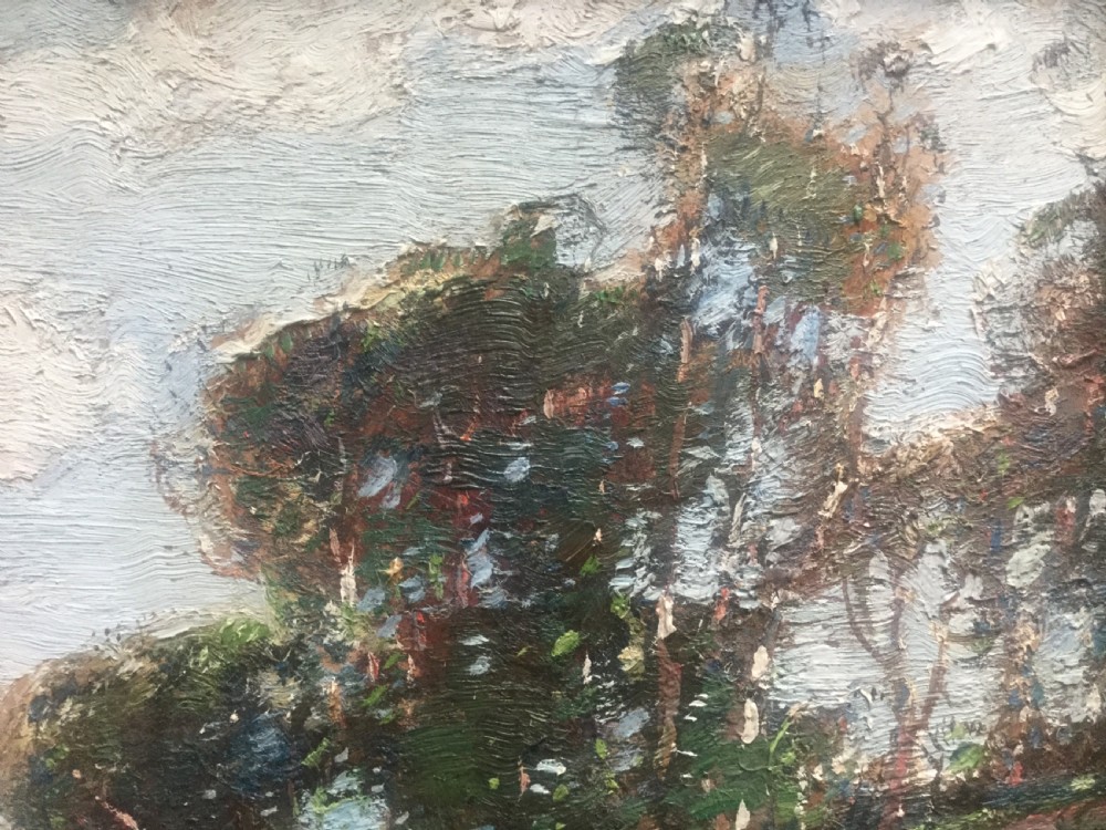 An impressionist oil painting depicting a seated figure on a grassy green hillside beneath trees and a cloudy sky. View V