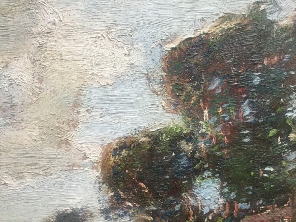 An impressionist oil painting depicting a seated figure on a grassy green hillside beneath trees and a cloudy sky. View VI