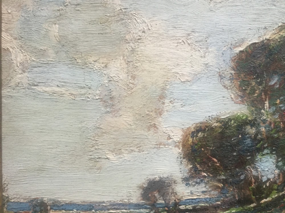 An impressionist oil painting depicting a seated figure on a grassy green hillside beneath trees and a cloudy sky. View VII