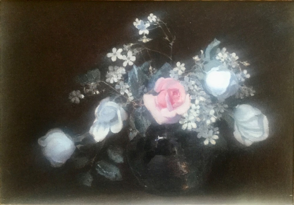 An oil painting on canvas depicting a central pink rose arranged with small pale flowers in a dark vessel against a black background.