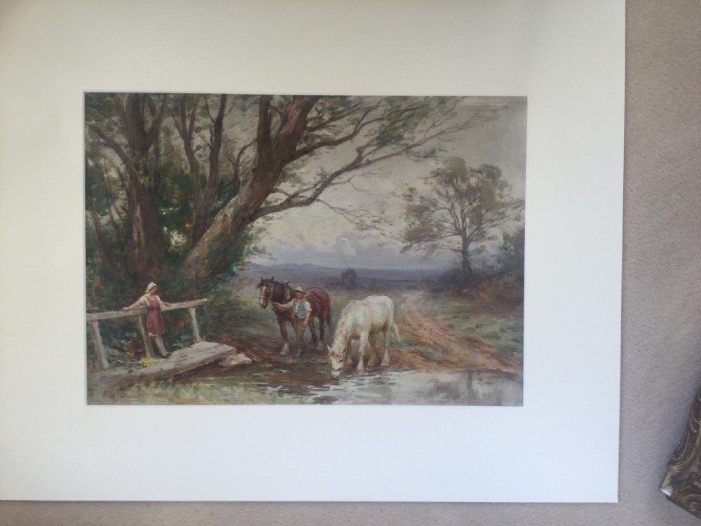 FREDERICK J.KNOWLES WATERCOLOUR’ HORSES DRINKING AT A STREAM ‘ View II