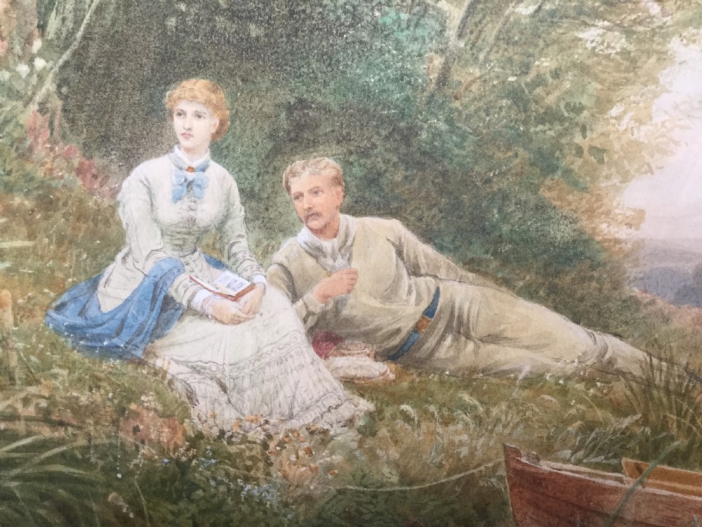 A Victorian watercolour painting depicting a man reclining and a woman seated on a grassy riverbank beside a small wooden boat. View IV