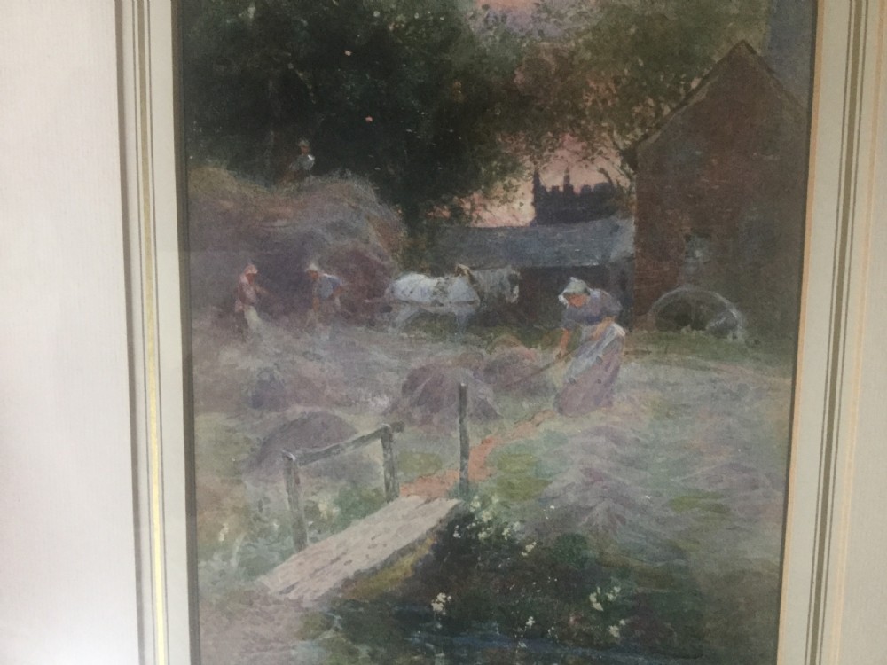 A watercolour painting depicting agricultural workers harvesting hay in a green meadow beside a wooden footbridge, ducks, a horse, and a brick farm building. View III