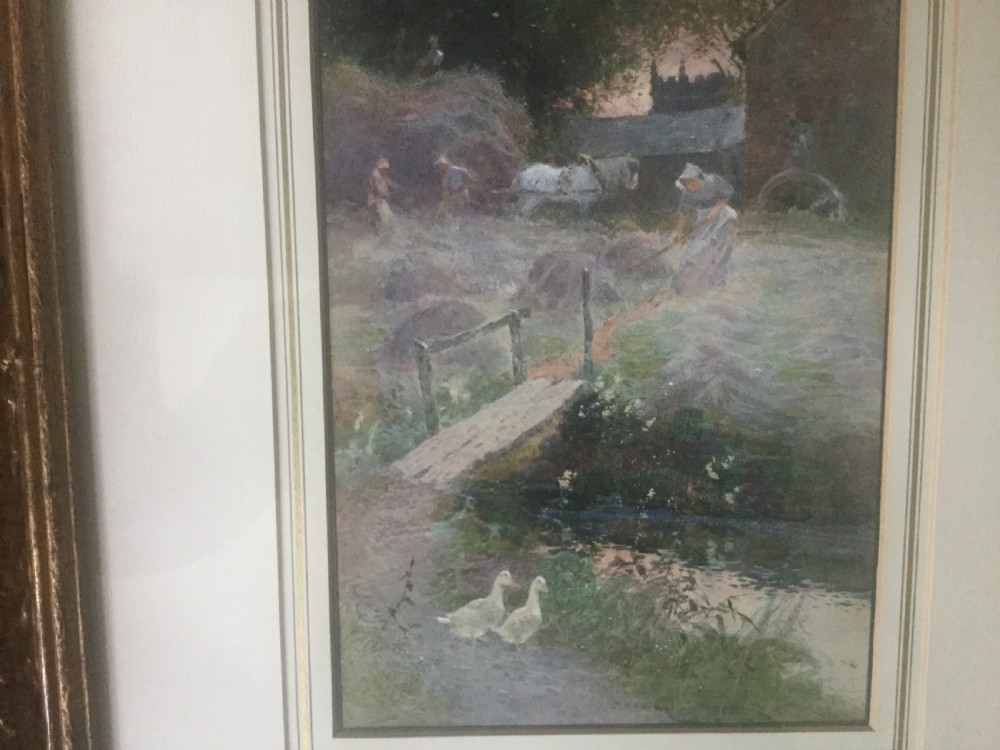 A watercolour painting depicting agricultural workers harvesting hay in a green meadow beside a wooden footbridge, ducks, a horse, and a brick farm building. View IV