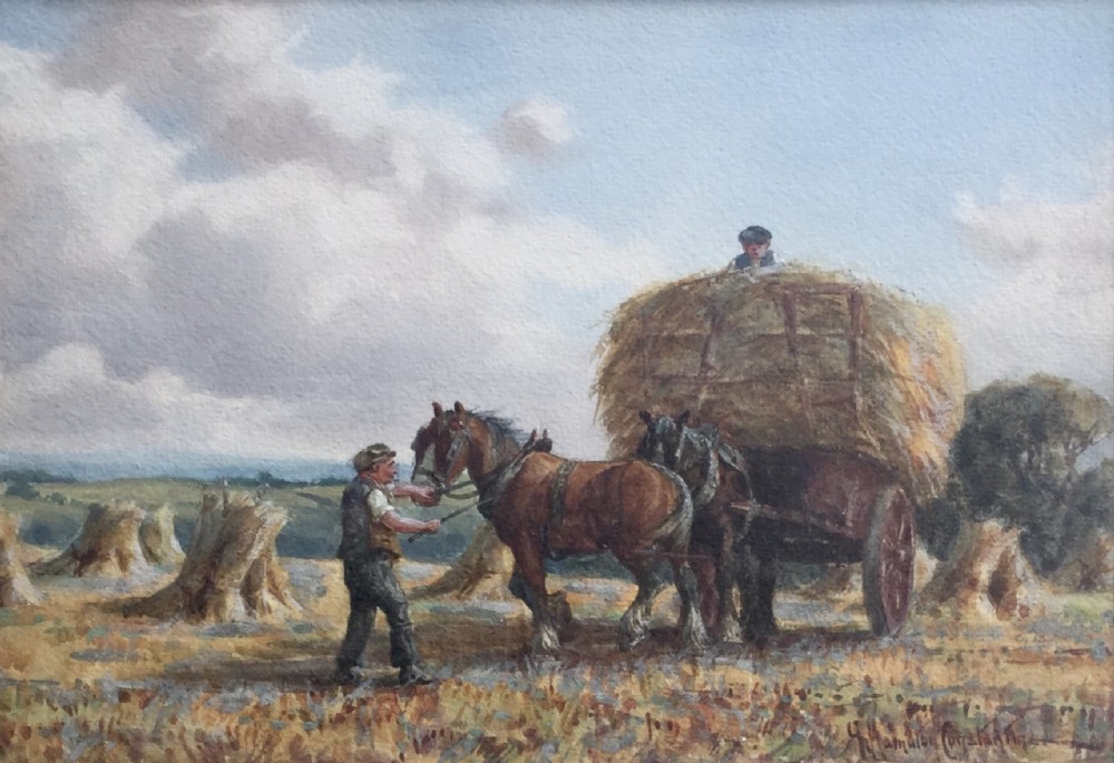 A watercolour painting depicting two draft horses pulling a loaded hay cart alongside farm labourers in a harvested field.