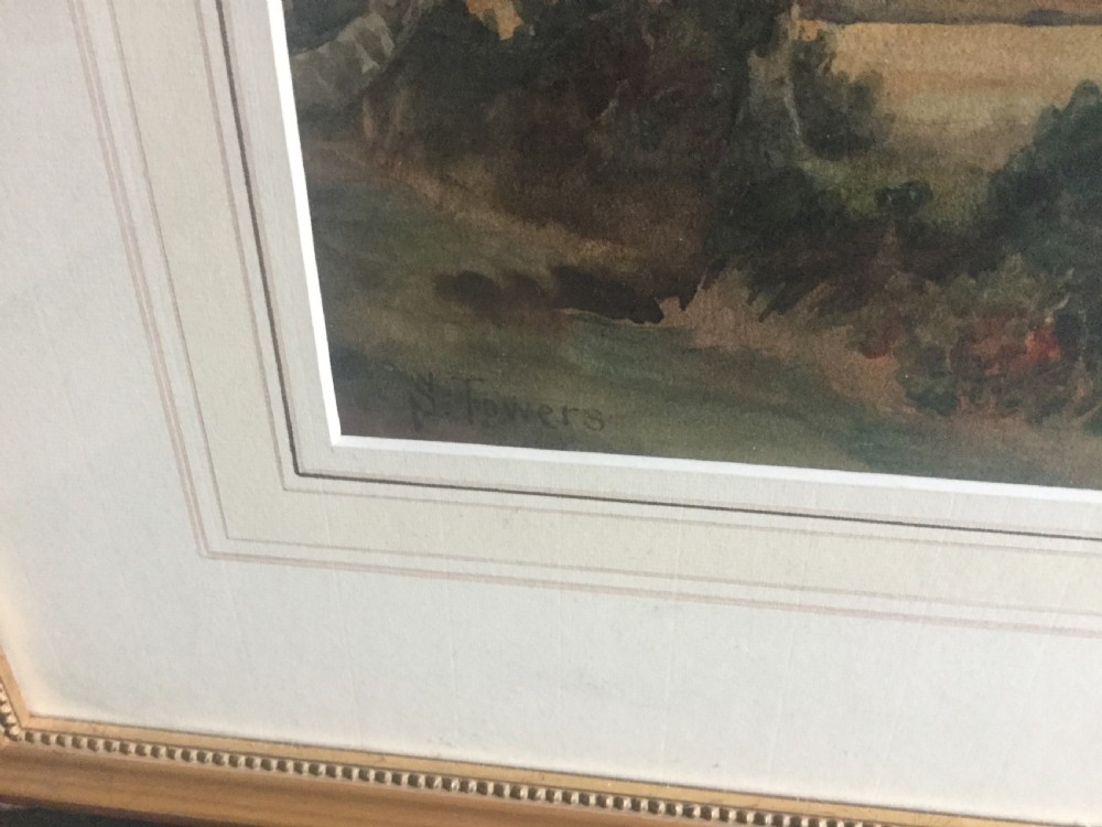 A watercolour painting depicting a figure in a rural field framed by trees with distant mountains under a cloudy sky. View III