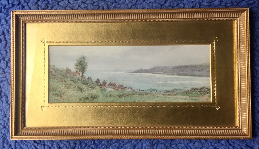 A panoramic 19th-century watercolour painting depicting coastal cottages on a grassy hillside overlooking Runswick Bay. View II