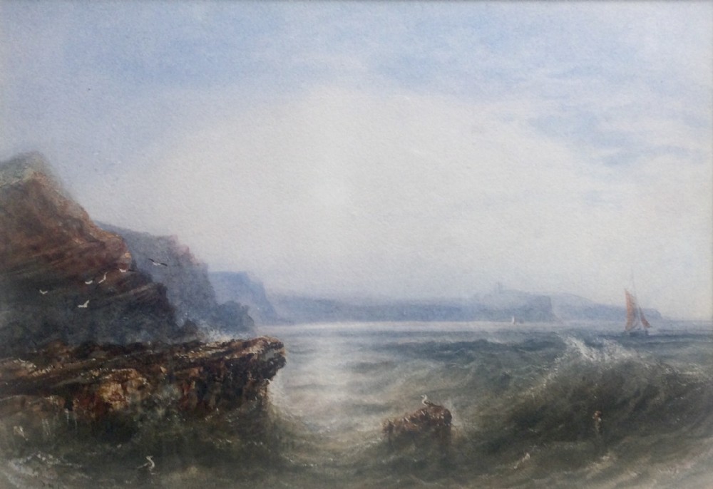 A 19th-century watercolour painting depicting a choppy sea with crashing waves against rocky cliffs under a muted grey sky.
