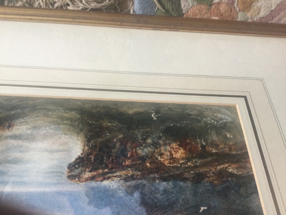 A 19th-century watercolour painting depicting a choppy sea with crashing waves against rocky cliffs under a muted grey sky. View VII