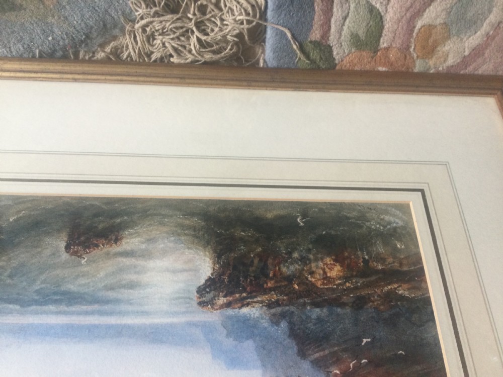 A 19th-century watercolour painting depicting a choppy sea with crashing waves against rocky cliffs under a muted grey sky. View VIII