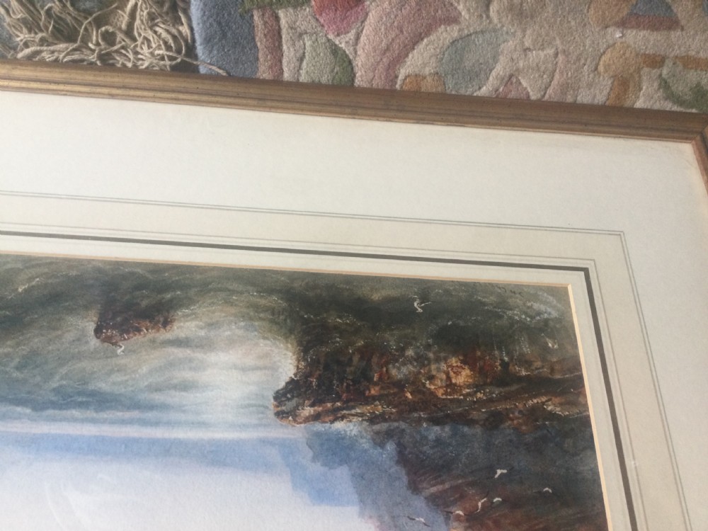 A 19th-century watercolour painting depicting a choppy sea with crashing waves against rocky cliffs under a muted grey sky. View IX