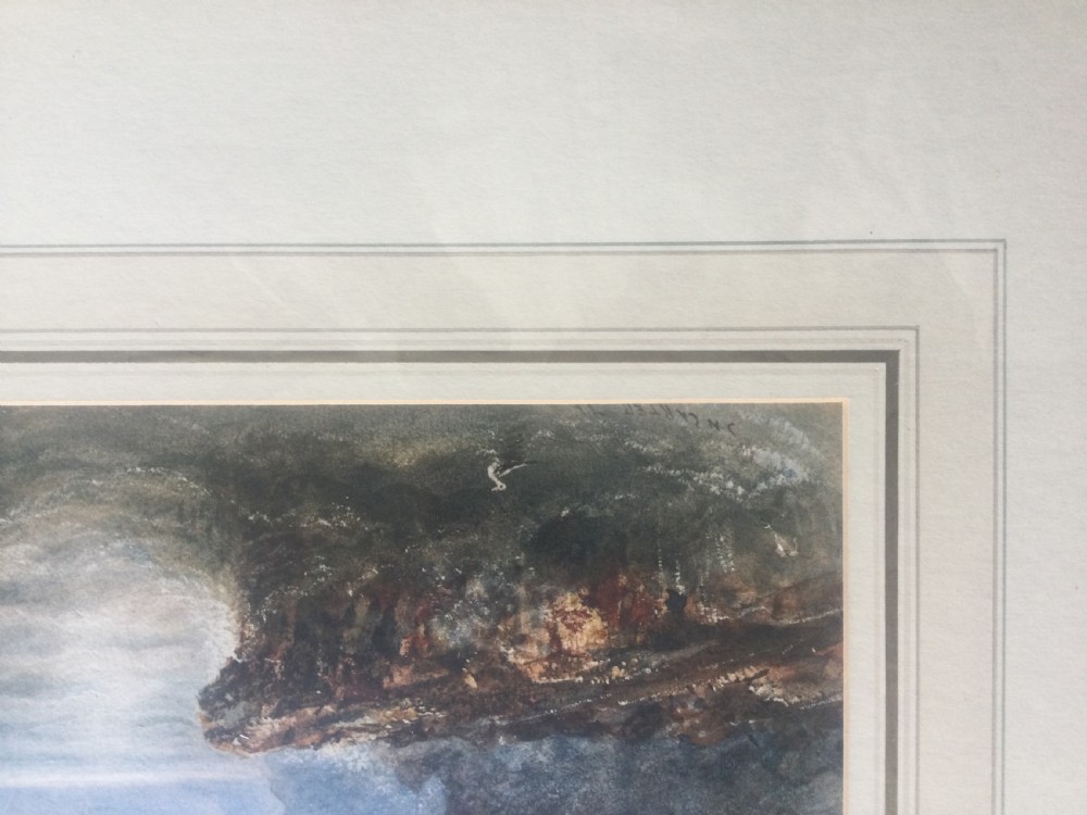 A 19th-century watercolour painting depicting a choppy sea with crashing waves against rocky cliffs under a muted grey sky. View XI