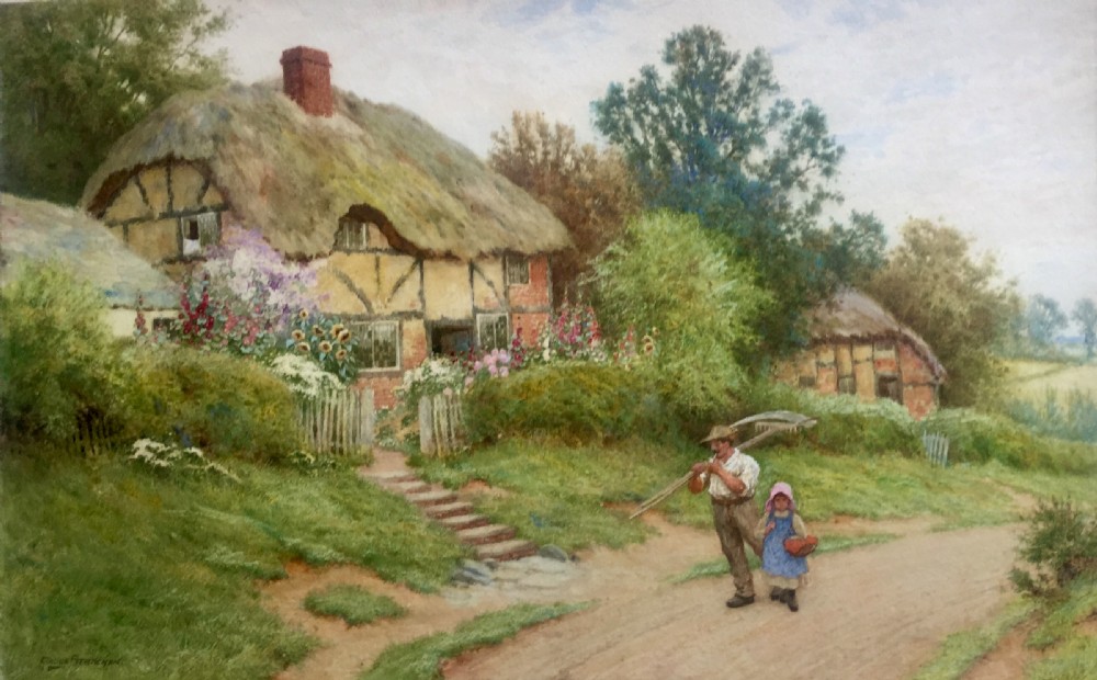 A watercolour landscape depicting a thatched timber-framed cottage surrounded by a flower garden with a farm worker and child walking along a dirt path.