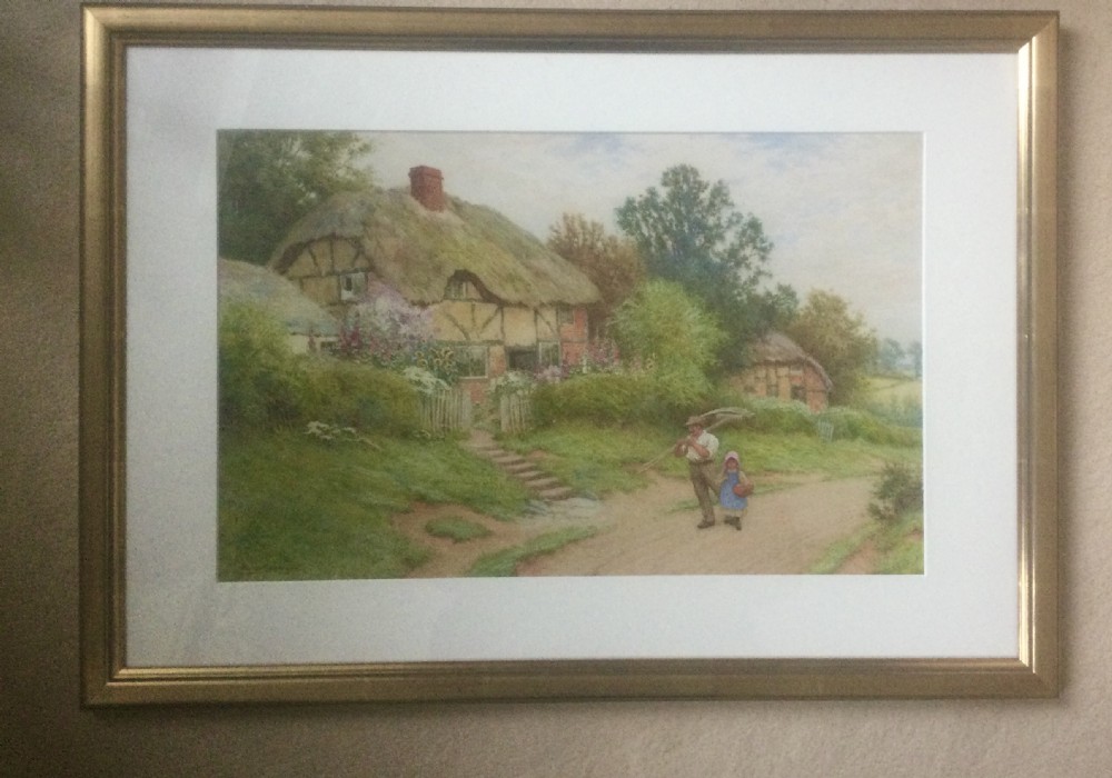 A watercolour landscape depicting a thatched timber-framed cottage surrounded by a flower garden with a farm worker and child walking along a dirt path. View II