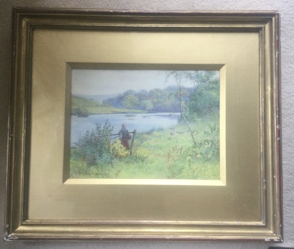 Late 19th-century watercolour painting depicting a figure by a rustic wooden fence overlooking grazing sheep and the River Tweed. View II
