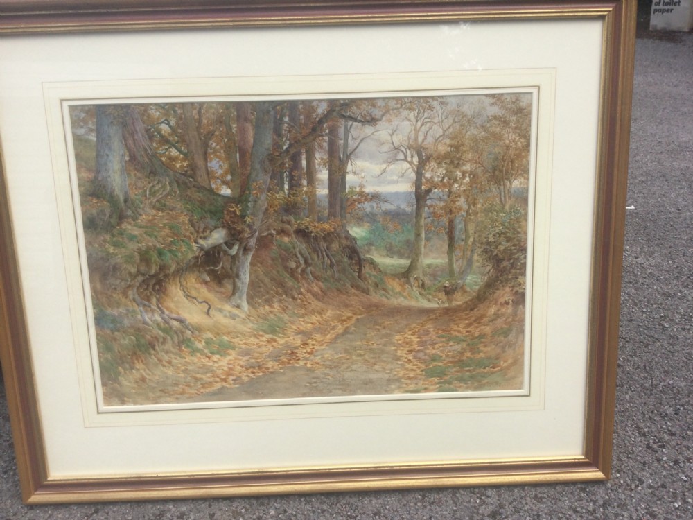 An antique watercolour painting depicting a leaf-covered forest track flanked by large trees with exposed roots under an autumn sky. View III