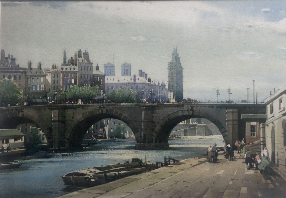 A watercolour painting depicting an arched stone bridge over a river in Paris with historic buildings and Notre-Dame Cathedral visible in the distance.
