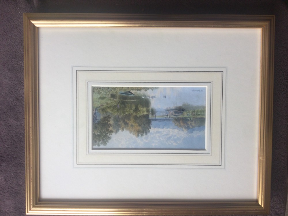 Watercolour landscape painting depicting a calm river scene with a barge, ducks in the water, lush trees along the banks, and a bridge in the background under a cloudy blue sky. View II
