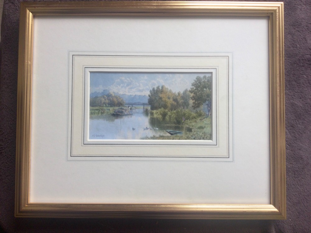 Watercolour landscape painting depicting a calm river scene with a barge, ducks in the water, lush trees along the banks, and a bridge in the background under a cloudy blue sky. View V