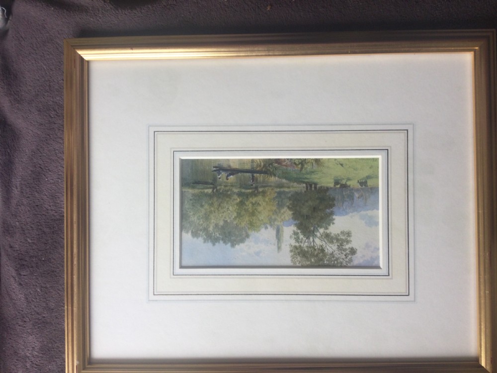 A 19th-century watercolour painting depicting figures in a boat on a calm river surrounded by trees, cattle in a meadow, and hills under a soft blue sky. View II