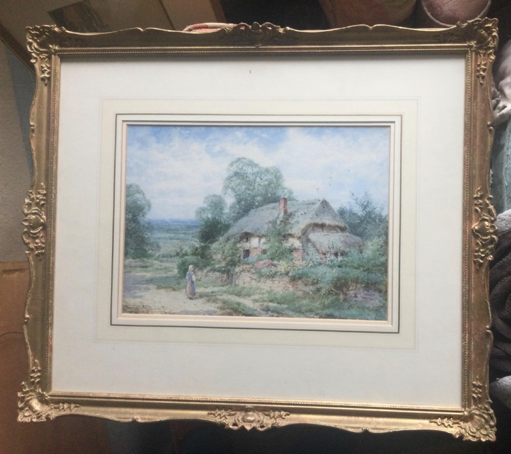 A watercolour painting depicting a thatched rural cottage with a garden and a figure standing on an adjacent dirt path. View II