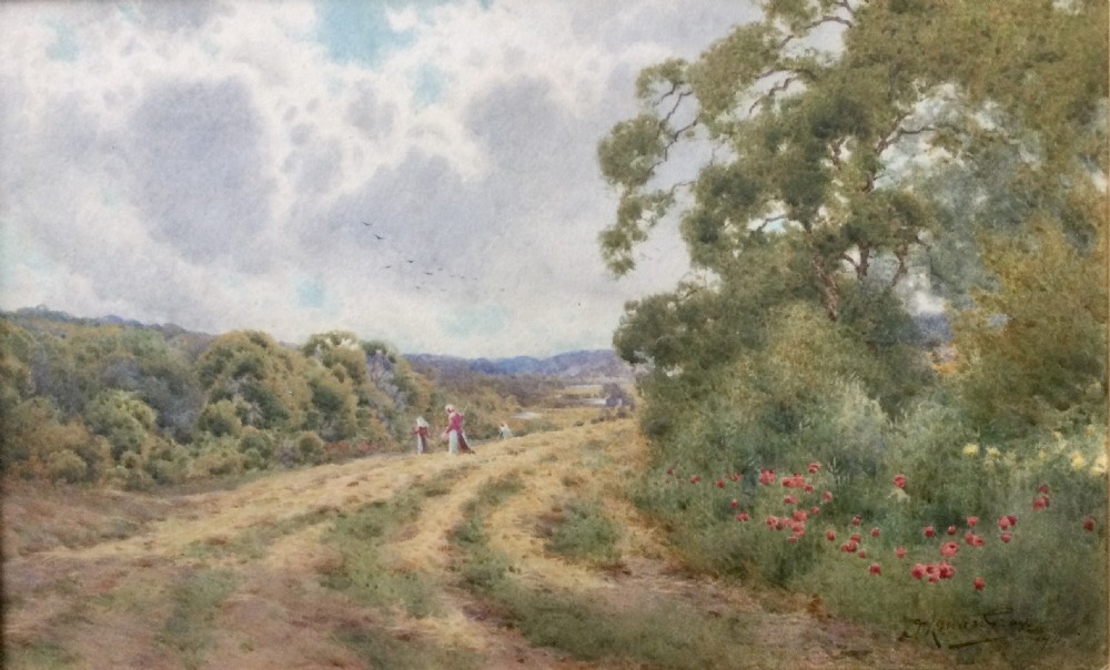 A watercolour painting depicting a winding dirt path through a rural English landscape with trees, red poppies, and figures beneath a cloudy sky.