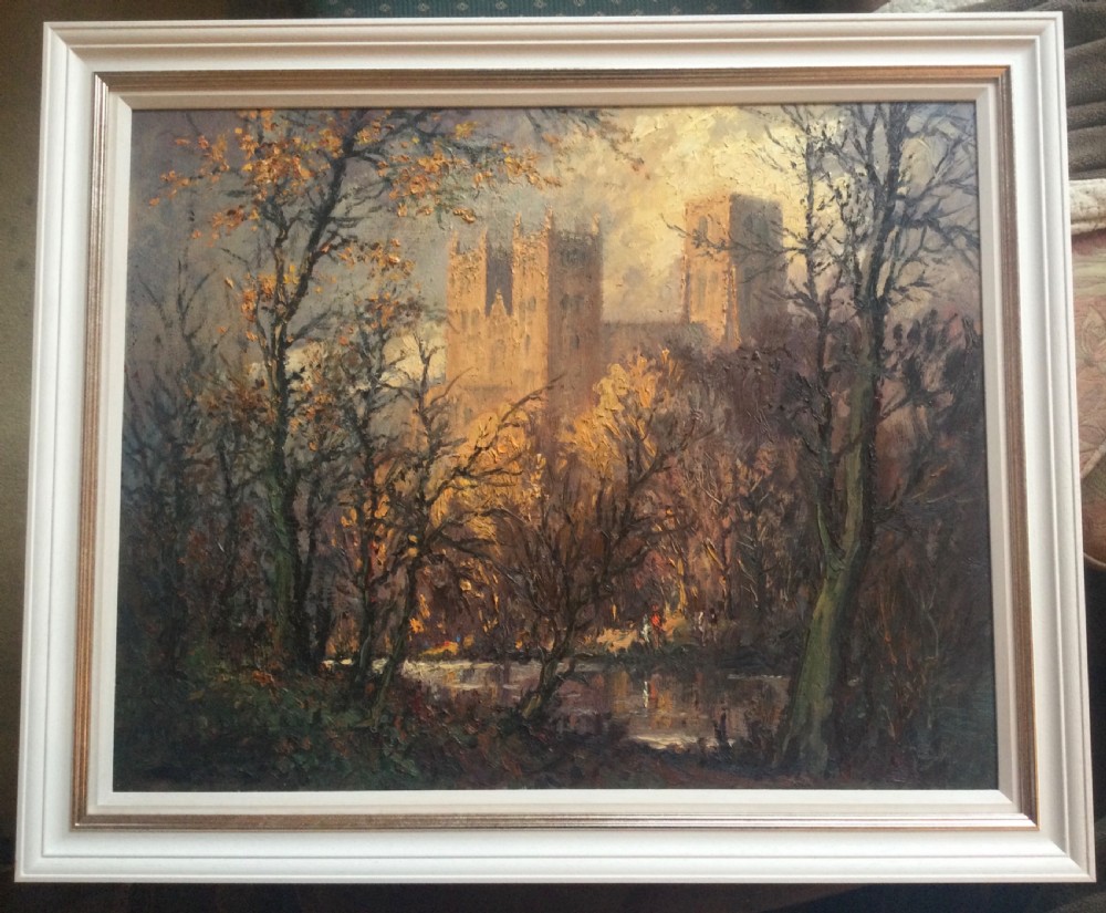 An impressionistic oil painting depicting Durham Cathedral framed by autumn trees and reflecting in the River Wear below. View II