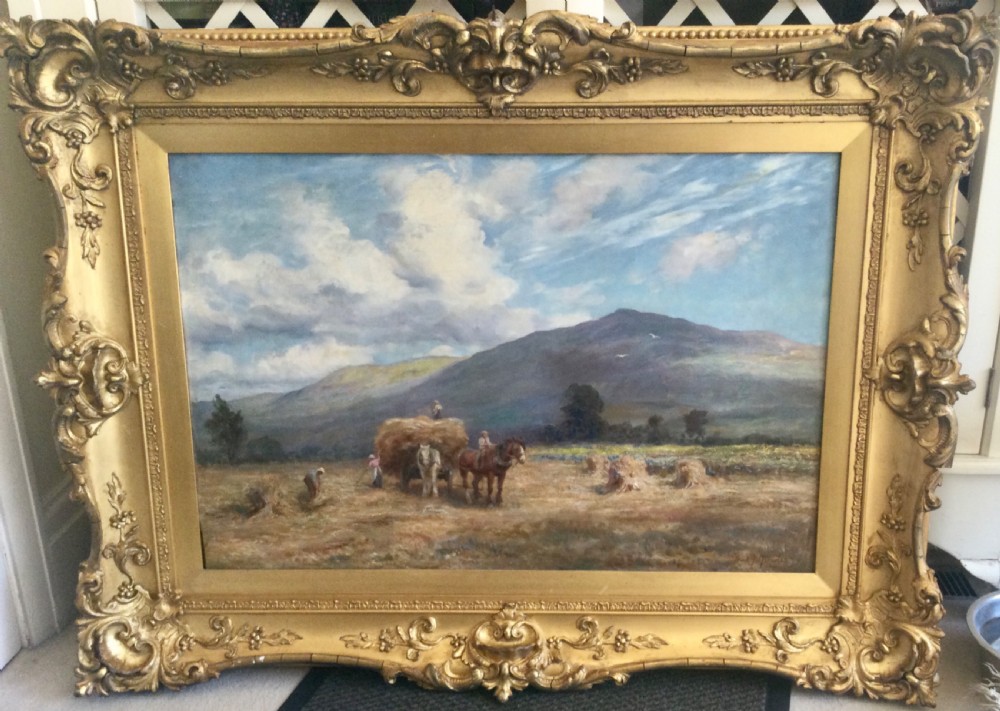 An oil painting depicting field workers loading hay onto a horse-drawn cart under a cloud-filled sky with distant mountains. View II