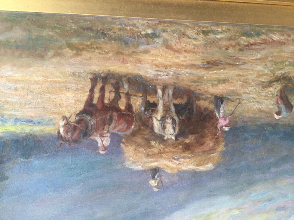An oil painting depicting field workers loading hay onto a horse-drawn cart under a cloud-filled sky with distant mountains. View III