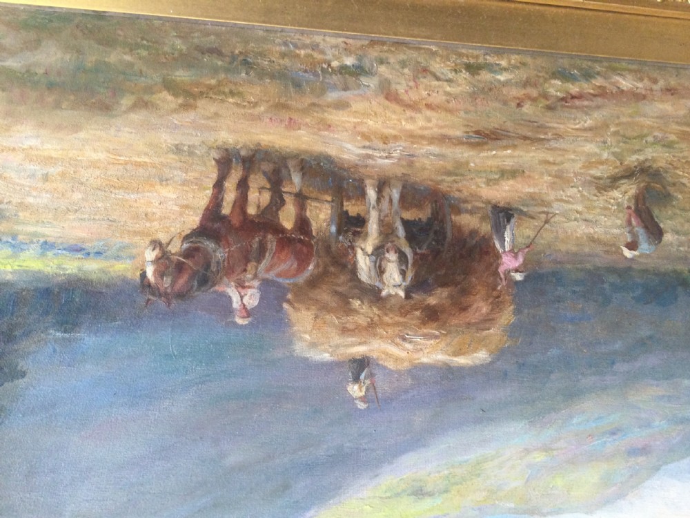 An oil painting depicting field workers loading hay onto a horse-drawn cart under a cloud-filled sky with distant mountains. View V