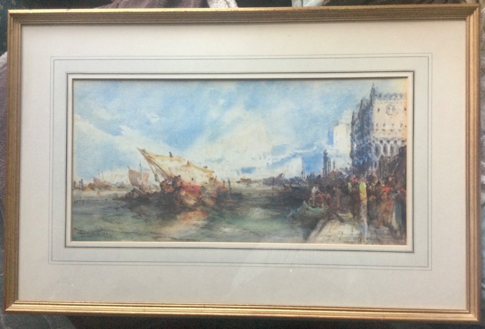 A horizontal watercolour painting depicting sailing boats anchored near the Venetian shoreline and Doges Palace under a hazy sky. View II
