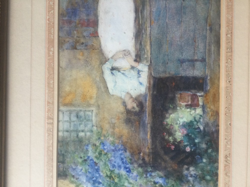 A vertical watercolour painting depicting a woman in a white dress leaning against a wooden door of a stone cottage under blue flowers. View II
