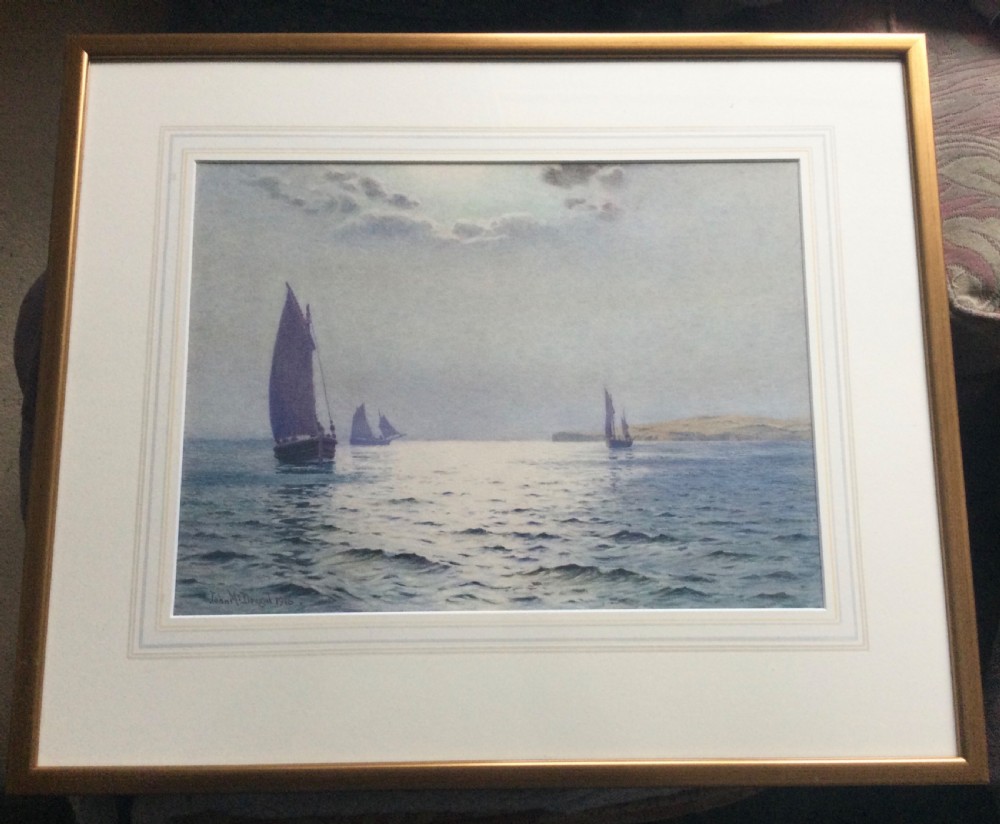 A watercolour painting depicting three sailing vessels on a calm sea beneath a cloudy, sunlit sky, signed and dated 1916 in the lower left corner. View II