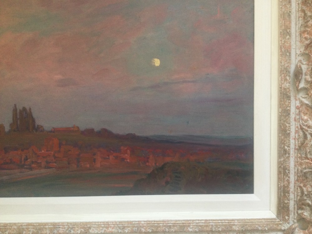 An impressionist oil painting depicting Whitby Abbey silhouetted against a twilight sky in shades of purple and pink, presented in an ornate carved frame. View III