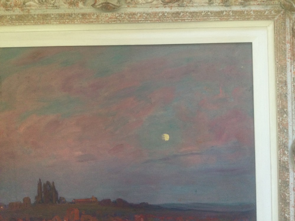 An impressionist oil painting depicting Whitby Abbey silhouetted against a twilight sky in shades of purple and pink, presented in an ornate carved frame. View IV