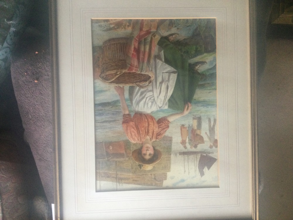 A watercolour painting depicting a seated woman in a straw hat and green apron beside a wicker basket on a harbour quay, by Ralph Todd. View II