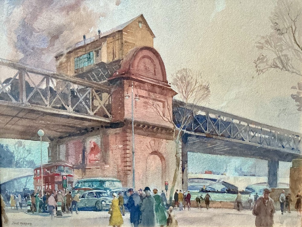 A watercolour painting depicting Charing Cross Bridge in London with pedestrians, vehicles, a red double-decker bus, and the River Thames in the background.