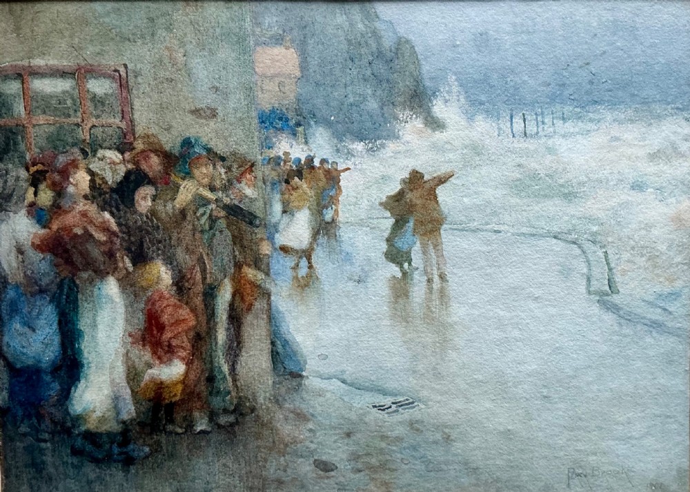 A watercolour painting depicting a crowd gathered beside a coastal harbour wall watching stormy waves in a maritime setting.