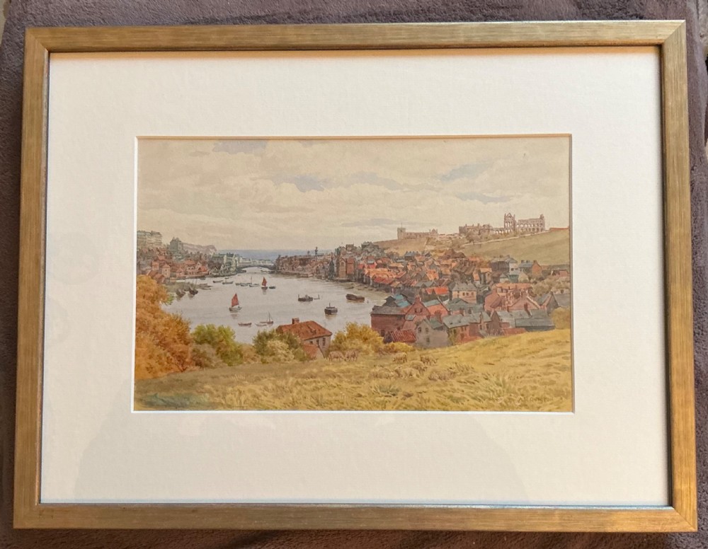 An antique watercolour painting depicting a panoramic view of Whitby harbour, coastal houses, and Whitby Abbey situated on the hill top. View II