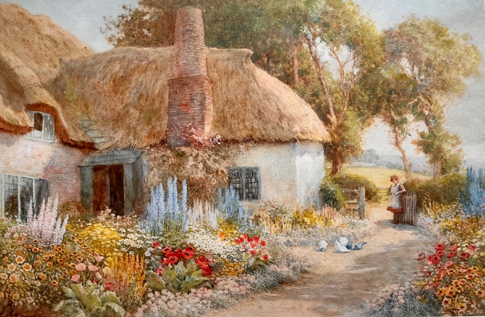 ARTHUR CLAUDE STRACHAN WATERCOLOUR ‘GIRL IN THE GARDEN OF A THATCHED COTTAGE ‘