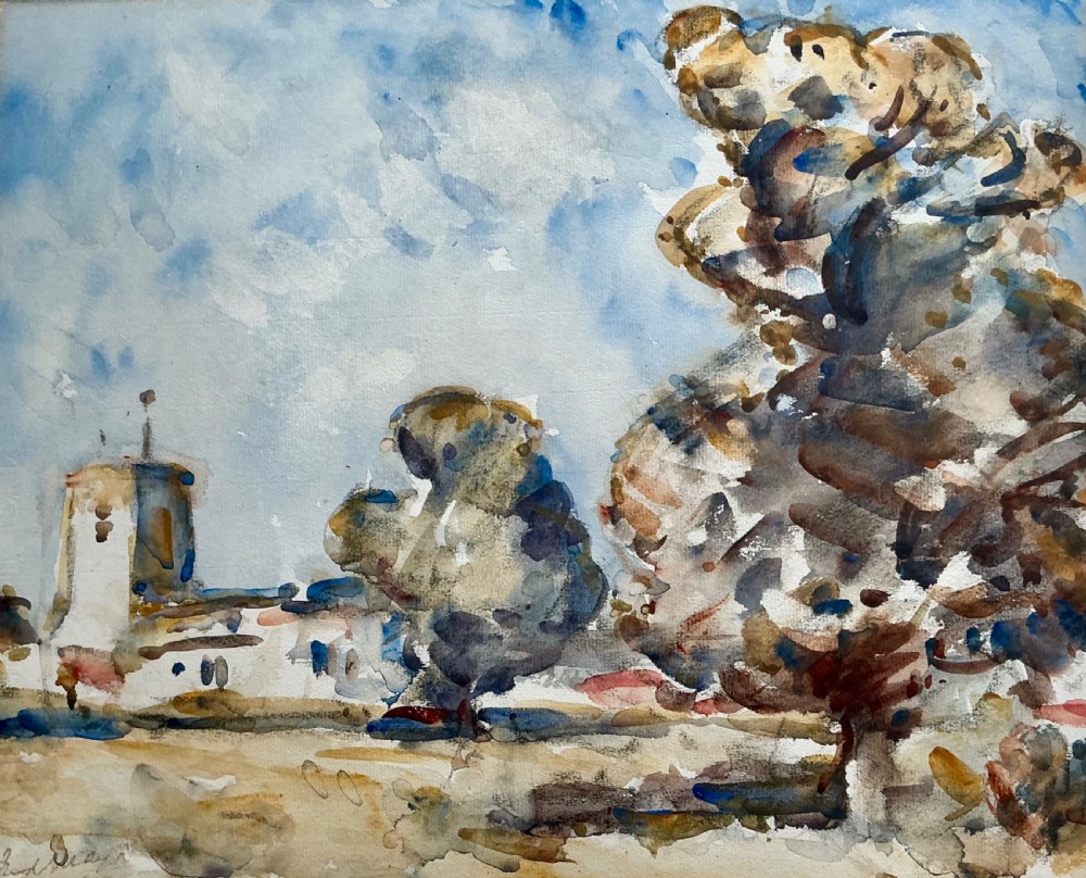 An impressionist watercolour painting featuring loose brushwork depicting trees in the foreground and a church tower under a light blue sky.