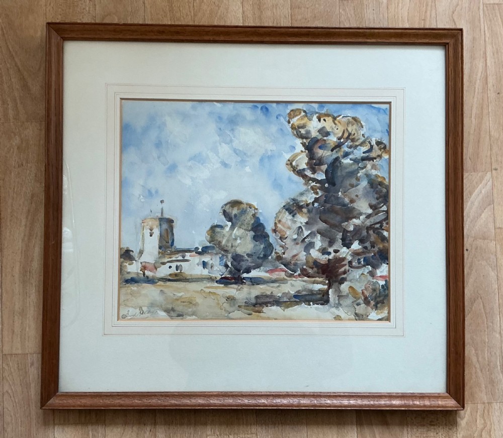 An impressionist watercolour painting featuring loose brushwork depicting trees in the foreground and a church tower under a light blue sky. View II