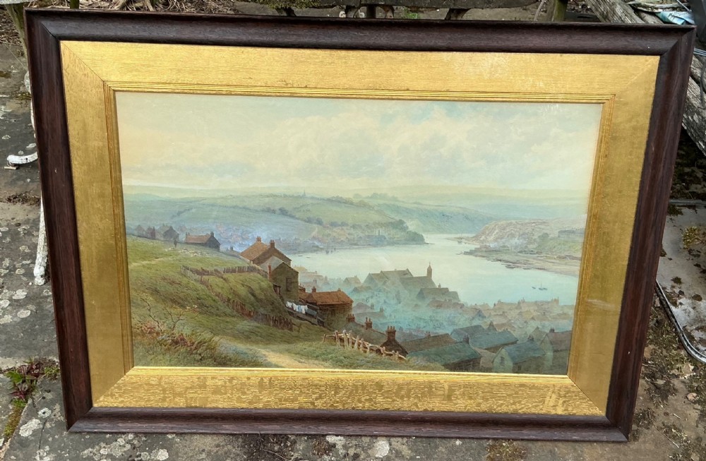 A Victorian watercolour landscape painting depicting the town and river valley of Whitby looking towards Larpool under a pale sky. View II