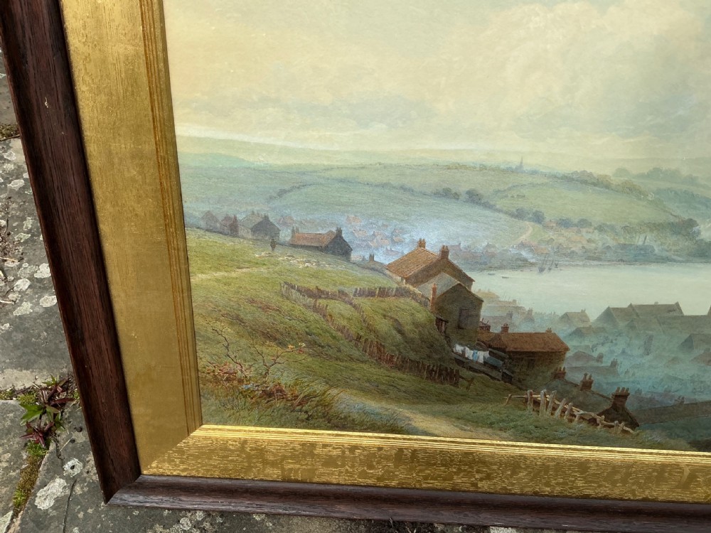 A Victorian watercolour landscape painting depicting the town and river valley of Whitby looking towards Larpool under a pale sky. View IV