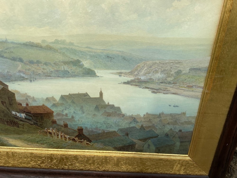 A Victorian watercolour landscape painting depicting the town and river valley of Whitby looking towards Larpool under a pale sky. View V