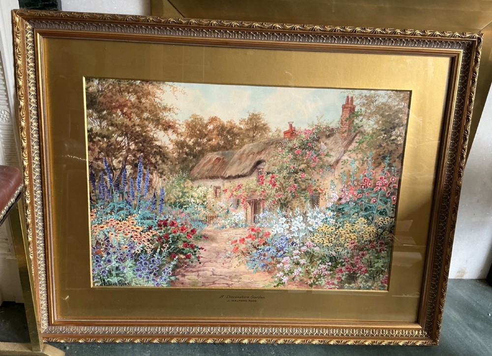 A watercolour painting depicting a thatched cottage surrounded by a dense garden of pink, blue, and yellow flowers with a stone pathway. View II