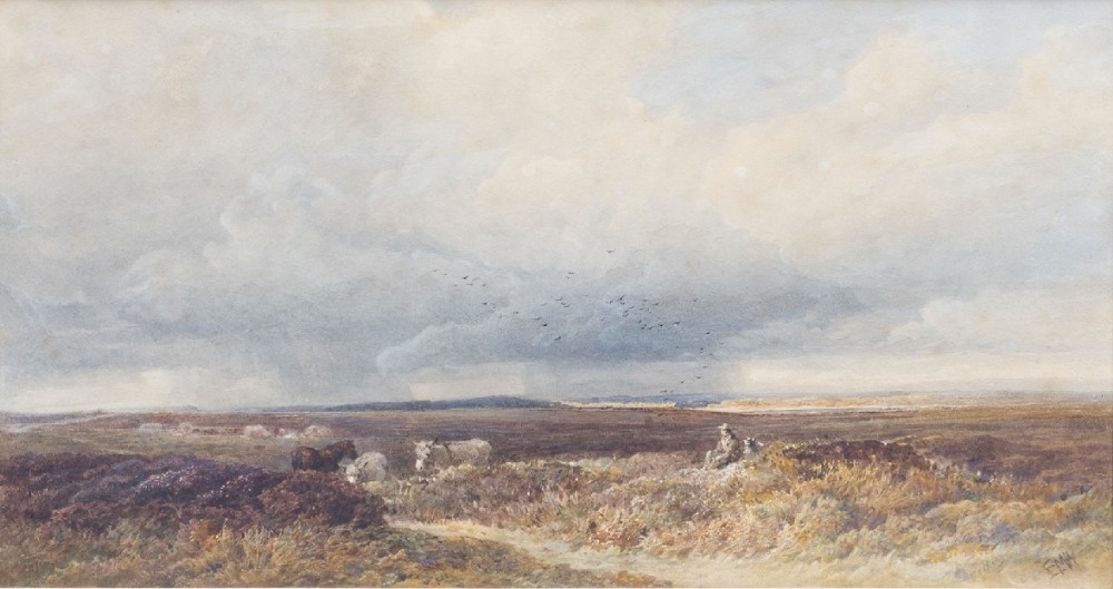 An antique watercolour landscape painting depicting Exmoor heathland under an overcast cloudy sky with distant figures and livestock.