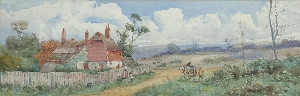 A panoramic Victorian watercolour painting depicting a rural English landscape featuring a timber and brick cottage with chimneys, figures beside a wooden fence, and a horse and cart on a dirt path under a cloudy sky.